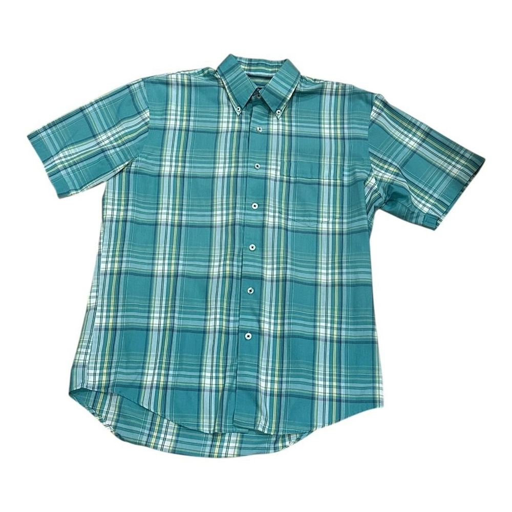 Van Heusen Shirt Mens Medium Green Plaid Short Sleeve Button Down Casual Summer